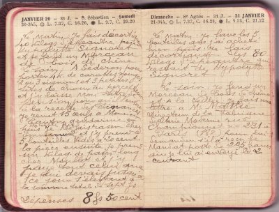 <p>— Samedi 20 JANVIER.<br class='autobr' />
Le matin : Je fais décortiquer<br class='autobr' />
40 kilos d'épeautre pour<br class='autobr' />
Hypolytte Signoret<br class='autobr' />
et je fends un morceau<br class='autobr' />
de bois de chêne</p>
<p>Le soir : A Séderon pour<br class='autobr' />
porter 4 kg de carottes rouges<br class='autobr' />
2 ou 3 oignons et 3 petites<br class='autobr' />
têtes de choux au percepteur<br class='autobr' />
et j'y laisse mon titre de<br class='autobr' />
pension pour qu'il l'envoie<br class='autobr' />
à la recette des Finances<br class='autobr' />
Je remets 15 œufs à Monsieur<br class='autobr' />
Canton gendarme qui<br class='autobr' />
/me reste dû/<br class='autobr' />
puis Je me fais raser chez <br class='autobr' />
Emmanuel et j'y prends <br class='autobr' />
5 bouteilles vides à 20 cent.<br class='autobr' />
la pièce Ensuite je prends<br class='autobr' />
un kilo de pain long<br class='autobr' />
chez Moullet et j'y<br class='autobr' />
paye tout celui que <br class='autobr' />
je lui devais jusqu'à <br class='autobr' />
ce jour s'élevant à<br class='autobr' />
la somme totale de sept F.
<br />— Dépenses : 8 F 50 cent.
<br />— Dimanche 21 JANVIER.<br class='autobr' />
Le matin : Je lave les 5<br class='autobr' />
bouteilles que j'ai acheté<br class='autobr' />
hier puis : je fais<br class='autobr' />
décortiquer les 80<br class='autobr' />
kilos d'épeautre qui<br class='autobr' />
restait de Hypolyte<br class='autobr' />
Signoret</p>
<p>Le soir : Je fends un<br class='autobr' />
morceau de bois de chêne<br class='autobr' />
et A la veillée : Je fais une<br class='autobr' />
lettre à M. Mathé<br class='autobr' />
Directeur de la Fabrique<br class='autobr' />
de Literie Moderne rue<br class='autobr' />
Championnet n° 231 à<br class='autobr' />
Paris (18°) pour lui<br class='autobr' />
demander s'il a reçu le<br class='autobr' />
mandat-poste de 295 francs<br class='autobr' />
que je lui ai envoyé le 2<br class='autobr' />
courant</p>© Essaillon
