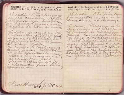 <p>— Jeudi 1° FÉVRIER. <br class='autobr' />
Le matin : Balayage<br class='autobr' />
de ma cuisine et je<br class='autobr' />
débarrasse une bonbonne<br class='autobr' />
qu'il y avait encore une<br class='autobr' />
dizaine de litres de cidre</p>
<p>Le soir : Je vends un kilo<br class='autobr' />
d'épeautre (1 F 75) et un<br class='autobr' />
kilo de la bourelette de<br class='autobr' />
2 F 50 c le kilo à la femme<br class='autobr' />
du facteur Monge<br class='autobr' />
Je rentre le bois que m'<br class='autobr' />
avait fendu Clier Isidore<br class='autobr' />
et je le place sous la cheminée<br class='autobr' />
Dans le cours de la <br class='autobr' />
journée je fais<br class='autobr' />
décortiquer 45 kg<br class='autobr' />
d'épeautre pour Adrien<br class='autobr' />
Dumont
<br />— Recettes :	4 F 25 cent.
<br />— Vendredi 2 FÉVRIER. <br class='autobr' />
Le matin : A la prise d'eau<br class='autobr' />
pour mettre un peu de la<br class='autobr' />
terre sèche au barrage</p>
<p>Le soir : Curage de la<br class='autobr' />
porcherie et je coupe<br class='autobr' />
2 fagots de roseaux<br class='autobr' />
pour les appailler<br class='autobr' />
Je fais décortiquer<br class='autobr' />
35 kilos d'épeautre<br class='autobr' />
pour Jullien garde champêtre</p>
<p>A la veillée : J'écris<br class='autobr' />
une lettre à ma cousine<br class='autobr' />
Estelle Chauvet à Reygueville<br class='autobr' />
par Yèvre-la-Ville (Loiret)</p>© Essaillon
