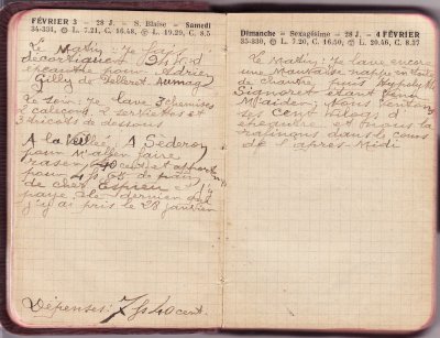 <p>— Samedi 3 FÉVRIER. <br class='autobr' />
Le matin : Je fais<br class='autobr' />
décortiquer 24 kg d'<br class='autobr' />
épeautre pour Adrien<br class='autobr' />
Gilly de Pelleret-Aumage</p>
<p>Le soir : Je lave 3 chemises<br class='autobr' />
2 caleçons 2 serviettes et<br class='autobr' />
3 tricots de dessous</p>
<p>A la veillée : A Séderon<br class='autobr' />
pour m'aller faire<br class='autobr' />
raser (40 cent.) et apporter<br class='autobr' />
pour 4 F 65 de pain<br class='autobr' />
de chez Espieu et j'y<br class='autobr' />
paye le dernier que <br class='autobr' />
j'y ai pris le 28 janvier.
<br />— Dépenses : 7 F 40 cent. <br />— Dimanche 4 FÉVRIER. <br class='autobr' />
Le matin : Je lave encore<br class='autobr' />
une maivaise nappe en toile<br class='autobr' />
de chanvre puis Hypolytte<br class='autobr' />
Signoret étant venu<br class='autobr' />
m'aider, nous ventons<br class='autobr' />
ses cent kilos d'<br class='autobr' />
épeautre et nous la<br class='autobr' />
rafinons dans le cours<br class='autobr' />
de l'après-midi</p>© Essaillon
