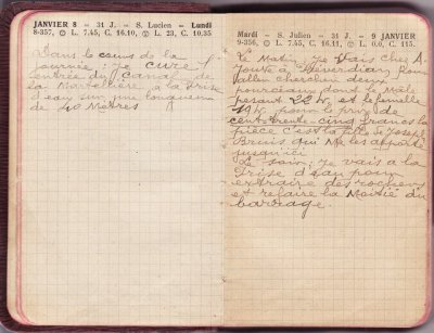 <p>— Lundi 8 JANVIER. Dans le cours de la <br class='autobr' />
journée : je cure l'<br class='autobr' />
entrée du canal de<br class='autobr' />
la martellière à la prise<br class='autobr' />
d'eau sur une longueur<br class='autobr' />
de 40 mètres.
<br />— Mardi 9 JANVIER. <br class='autobr' />
Le matin : je vais chez A.<br class='autobr' />
Jouve à Préverdian pour<br class='autobr' />
aller chercher deux<br class='autobr' />
pourceaux dont le mâle<br class='autobr' />
pesant 22 kg et le femelle<br class='autobr' />
19 kg pour le prix de<br class='autobr' />
cent-trente-cinq francs la<br class='autobr' />
pièce c'est la fille de Joseph<br class='autobr' />
Bruis qui me les apporte<br class='autobr' />
jusqu'ici.</p>
<p>Le soir : je vais à la<br class='autobr' />
prise d'eau pour<br class='autobr' />
extraire des rochers<br class='autobr' />
et refaire la moitié du barrage.</p>© Essaillon
