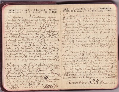 <p>— Mercredi 7 FÉVRIER. <br class='autobr' />
Le matin : A Séderon pour<br class='autobr' />
porter 2 douzaines d'œufs aux<br class='autobr' />
gendarmes Canton et Frégières<br class='autobr' />
qui me les payent 4 F 75 cent.<br class='autobr' />
la douzaine Ensuite j'<br class='autobr' />
expédie le paquet (fait hier)<br class='autobr' />
à Henri Cérès à Lyon 55 boul=<br class='autobr' />
des Brotteaux port 2 F 95 c<br class='autobr' />
y compris les 35 cent de recommandt<br class='autobr' />
Puis je prends 2 kg de sucre<br class='autobr' />
en poudre 3 F 10 le kg un<br class='autobr' />
litre de pétrole 1 F 30 et un <br class='autobr' />
bocal en verre vide 1 F 50<br class='autobr' />
le tout chez Jarjayes Casir<br class='autobr' />
J'apporte encore pour 4 F<br class='autobr' />
10 cent. de pain de chez Moullet</p>
<p>Le soir : Je fais décortiquer<br class='autobr' />
44 g d'épeautre pour Coullet<br class='autobr' />
Je règle les 1500 kg de<br class='autobr' />
bois de chauffage à Camille<br class='autobr' />
Girard d'Eygalayes qu'il<br class='autobr' />
m'avait apporté le 2 janvier<br class='autobr' />
Il me le compte 6 F les 100 kg
<br />— Recettes :	9 F 50 c <br class='autobr' />
Dépenses : 106 F
<br />— Jeudi 8 FÉVRIER. <br class='autobr' />
Le matin : Je fais décortiquer<br class='autobr' />
36 kg d'épeautre pour<br class='autobr' />
Pascal Camille de Vers<br class='autobr' />
Puis : je vais jusqu'au<br class='autobr' />
Gros Noyer voir<br class='autobr' />
Bordel Adolphe et j'apporte<br class='autobr' />
2 fagots de genêts morts en<br class='autobr' />
revenant<br class='autobr' />
Le fils aîné de Signoret H.<br class='autobr' />
étant venu chercher ses<br class='autobr' />
cent kg d'épeautre il me<br class='autobr' />
paye la mouture (25 F)</p>
<p>Le soir : Je fais décortiquer<br class='autobr' />
encore 28 kg d'épeautre<br class='autobr' />
pour Pascal Camille et<br class='autobr' />
7 kg que j'y ajoute de celle<br class='autobr' />
de Pascal Poule de Séderon<br class='autobr' />
Ensuite : Je prépare 3<br class='autobr' />
kg de potiron rouge pour<br class='autobr' />
faire des confitures avec<br class='autobr' />
1500 g de sucre cristallisé<br class='autobr' />
un citron et 250 grammes de dattes.
<br />— Recettes :	25 F</p>© Essaillon
