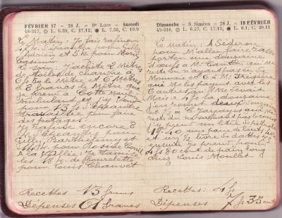 <p>— Samedi 17 FÉVRIER. <br class='autobr' />
Le matin : Je fais rafiner<br class='autobr' />
47 kg d'épeautre pour Gilly<br class='autobr' />
Adrien et 5 kg pour Morin<br class='autobr' />
Casimir</p>
<p>Le soir : J'achète 2 mètres<br class='autobr' />
de toiles de chanvre à<br class='autobr' />
6 F 50 le mètre et 6 mètres<br class='autobr' />
à 8 francs le mètre que<br class='autobr' />
je prends à Cotte marchand<br class='autobr' />
ambulant et j'y vends<br class='autobr' />
pour 13 F d'épeautre<br class='autobr' />
travaillée pour faire<br class='autobr' />
des potages<br class='autobr' />
Je rafine encore 5<br class='autobr' />
kg d'épeautre pour<br class='autobr' />
Gilly Barthélémy et<br class='autobr' />
14 kg pour Rosine Conil</p>
<p>A la veillée : Je tamise<br class='autobr' />
les 18 kg de bourelette<br class='autobr' />
pour Louis Chauvet</p>
<p> — Recettes :	13 F<br class='autobr' />
Dépenses : 61 F <br class='autobr' /> — Dimanche 18 FÉVRIER. <br class='autobr' />
Le matin : A Séderon<br class='autobr' />
pour m'aller faire raser<br class='autobr' />
porter une douzaine<br class='autobr' />
d'œufs à Mr Canton qui me<br class='autobr' />
reste dû n'ayant pas eu de<br class='autobr' />
monnaie et 6 à Mr Frégière<br class='autobr' />
qui me ls payent avec les<br class='autobr' />
6 autres qu'il me devait<br class='autobr' />
mais à 4 F la douzaine<br class='autobr' />
J'en remets deux douzaines<br class='autobr' />
et ½ à C Jarjayes qui me<br class='autobr' />
reste dû ne sachant pas le cours<br class='autobr' />
j'y prends un litre de pétrole<br class='autobr' />
1 F 40 une paire de lacets 40 c<br class='autobr' />
et un ½ livre de dattes 75 c<br class='autobr' />
Ensuite je prends pour<br class='autobr' />
4 F 80 cent. de pain long<br class='autobr' />
chez Louis Moullet</p>
<p> — Recettes :	4 F<br class='autobr' />
Dépenses : 7 F 35 cent</p>© Essaillon
