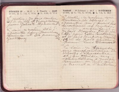 <p>— Jeudi 15 FÉVRIER. <br class='autobr' />
Le matin : Je fais moudre<br class='autobr' />
65 kg de blé et vesces mélangées<br class='autobr' />
pour Gabert Alphonse</p>
<p>Le soir : Je rafine 26 kg d'<br class='autobr' />
épeautre pour Beauchamp<br class='autobr' />
Casimir et 54 pour le fils<br class='autobr' />
Guilliny <br />— Vendredi 16 FÉVRIER. <br class='autobr' />
Le matin : Je rafine une<br class='autobr' />
trentaine de kilos d'<br class='autobr' />
épeautre que j'avais fait<br class='autobr' />
décortiquer au printemps<br class='autobr' />
dernier Ensuite :<br class='autobr' />
Je fais moudre 60 kg de<br class='autobr' />
blé pour Gilly Barthélémy<br class='autobr' />
et je fais encore moudre<br class='autobr' />
19 kg de pois chiches<br class='autobr' />
pour Louis Chauvet</p>
<p>Le soir : Je tamise<br class='autobr' />
une quarantaine de<br class='autobr' />
kilos d'épeautre<br class='autobr' />
et j'en expédie un<br class='autobr' />
échantillon à Joseph<br class='autobr' />
Reynier au Buis que<br class='autobr' />
je remets à l'autobus</p>© Essaillon
