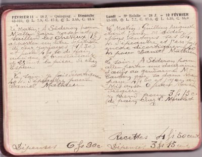 <p>— Dimanche 11 FÉVRIER. <br class='autobr' />
Le matin : A Séderon pour<br class='autobr' />
m'aller faire raser et<br class='autobr' />
tailler les cheveux (1 F)<br class='autobr' />
apporter un litre de pétrole<br class='autobr' />
de chez Jarjayes (1 F 30)<br class='autobr' />
et pour 4 F 10 de pain<br class='autobr' />
ainsi que 2 brassadeaux<br class='autobr' />
de 25 cent. la pièce de chez<br class='autobr' />
Espieu</p>
<p>Le soir : Je fais décortiquer<br class='autobr' />
40 kg d'épeautre pour<br class='autobr' />
Daniel Mathieu<br class='autobr' /> — Dépenses : 6 F 90 c <br />— Lundi 12 FÉVRIER. <br class='autobr' />
Le matin : Guilliny Auguste<br class='autobr' />
étant venu m'aider<br class='autobr' />
nous ventons ses 54 <br class='autobr' />
kg d'épeautre et j'en fais<br class='autobr' />
encore décortiquer 40<br class='autobr' />
kg pour Daniel Mathieu</p>
<p>Le soir : A Séderon pour<br class='autobr' />
aller porter une douzaine<br class='autobr' />
d'œufs au gendarme Mr<br class='autobr' />
Canton que sa dame me<br class='autobr' />
paye 4 F 50 et j'y en ai<br class='autobr' />
mis aussi 6 pour Monsieur<br class='autobr' />
Frégière<br class='autobr' />
Je prends pour 3 F 15 c<br class='autobr' />
de pain chez L. Moullet<br class='autobr' /> — Recettes :	4 F 50 cent.<br class='autobr' />
Dépenses : 3 F 15 cent.</p>© Essaillon
